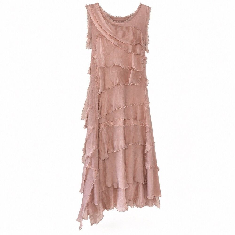 Tempo Paris Silk Viscose Tiered Ruffle Maxi Dress Pink Lagenlook S
